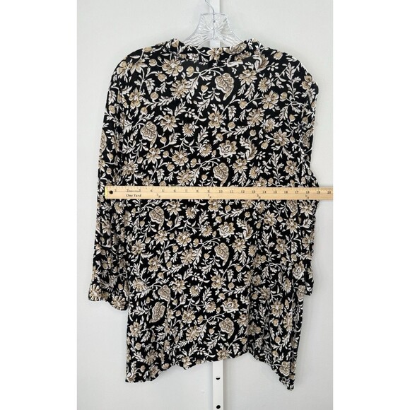 J. Jill Black Tan Floral Rayon Button Front Blouse L Boho Artsy Cottagecore - Picture 7 of 10